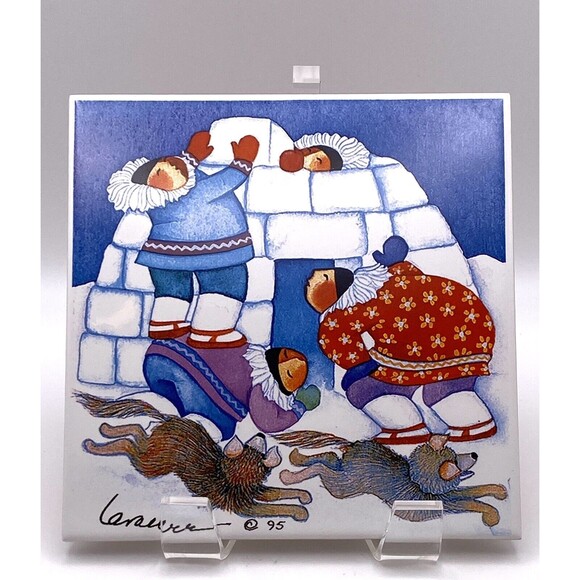 VTG '95 Barbara Lavalee Ceramic TILE Eskimo Igloo Dogs - 6" - Picture 1 of 4